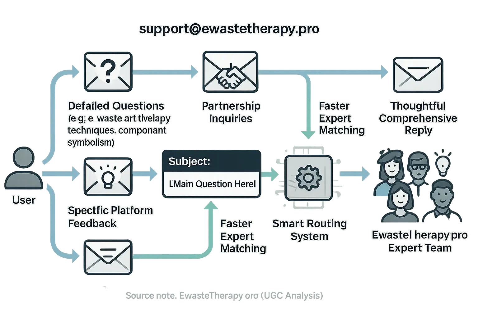 Clear email inquiry path from user (icons for types like question, partnership) to expert, detailing direct support process.