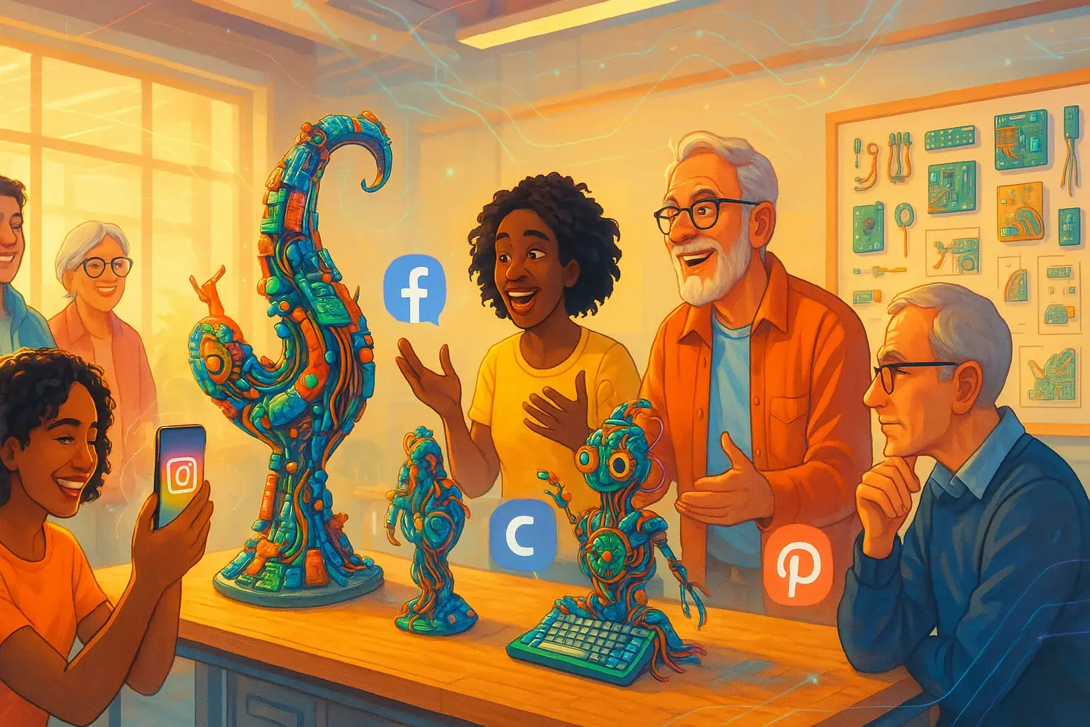 Diverse group interacting with e-waste art, subtly integrated social media icons fostering community &amp; creative connection.