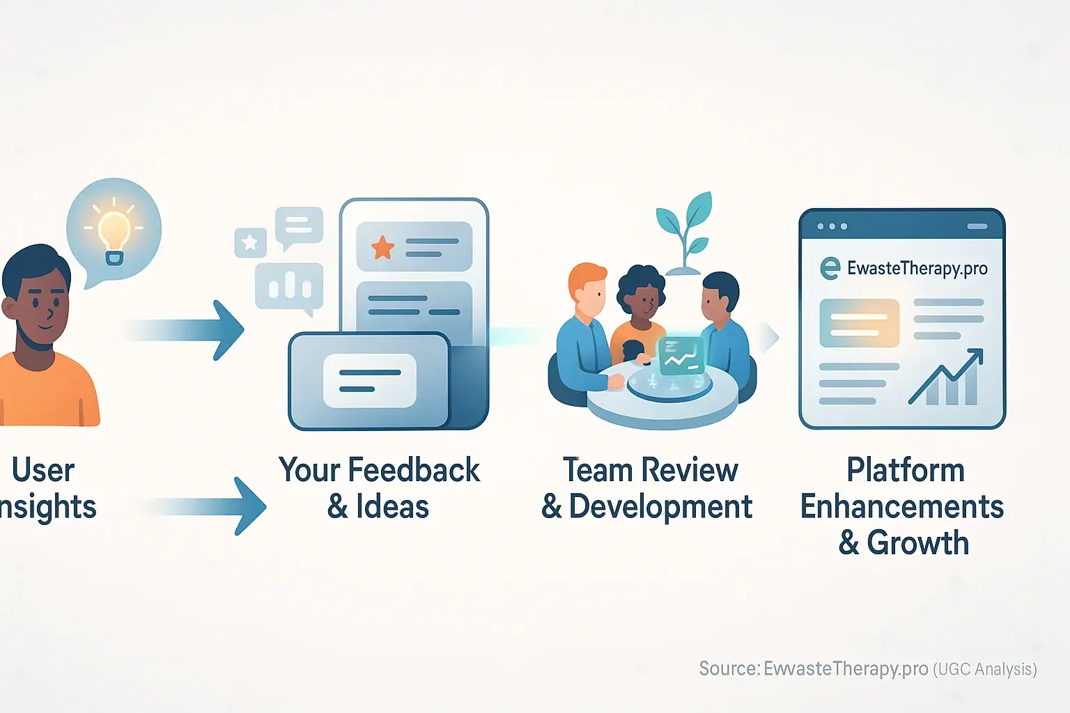 Flowchart: User feedback (icon) flows to feedback box, team action, then site improvement, showing how your voice shapes us.