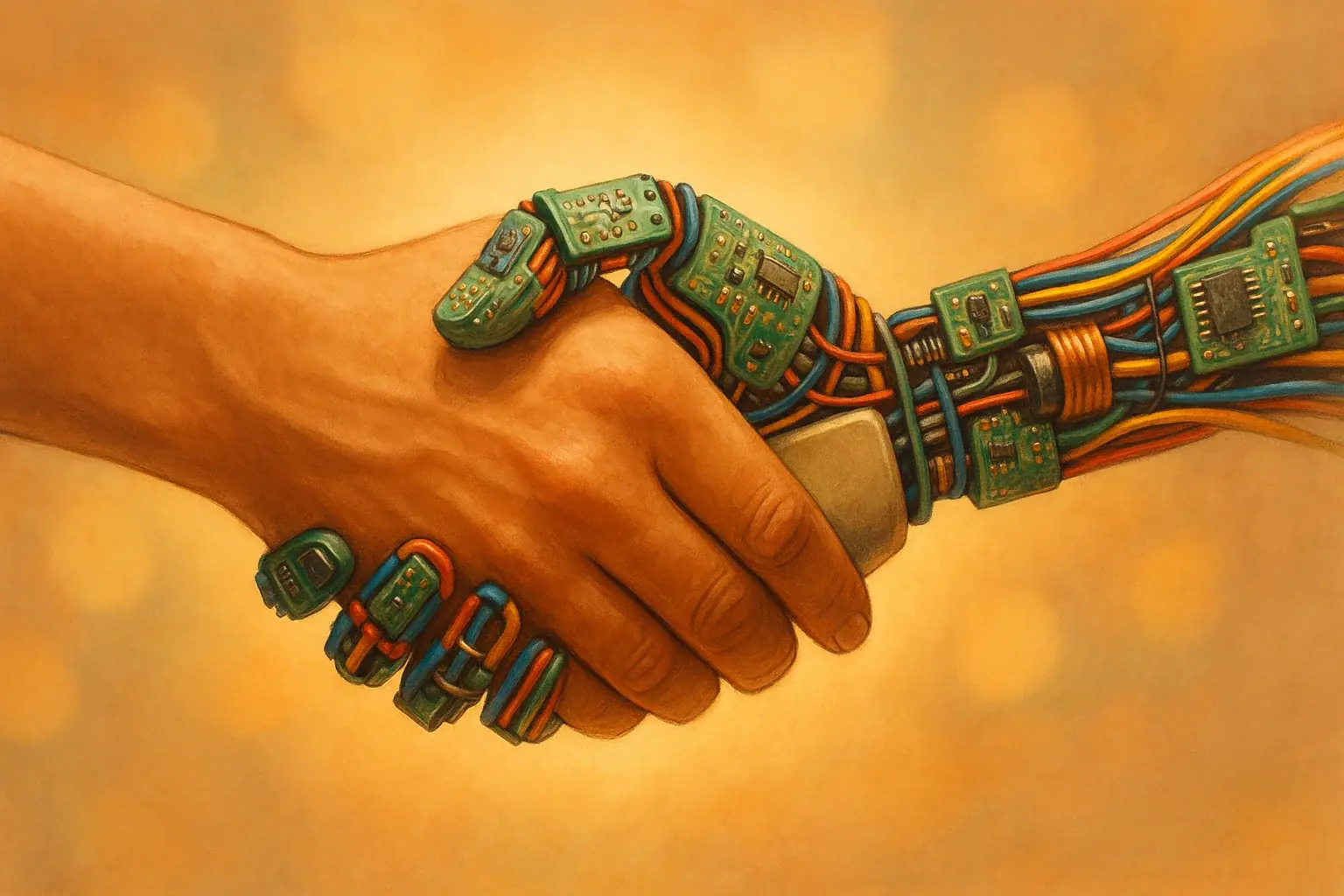 Human hand and e-waste robot hand in a warm, symbolic handshake, inviting connection and collaboration.