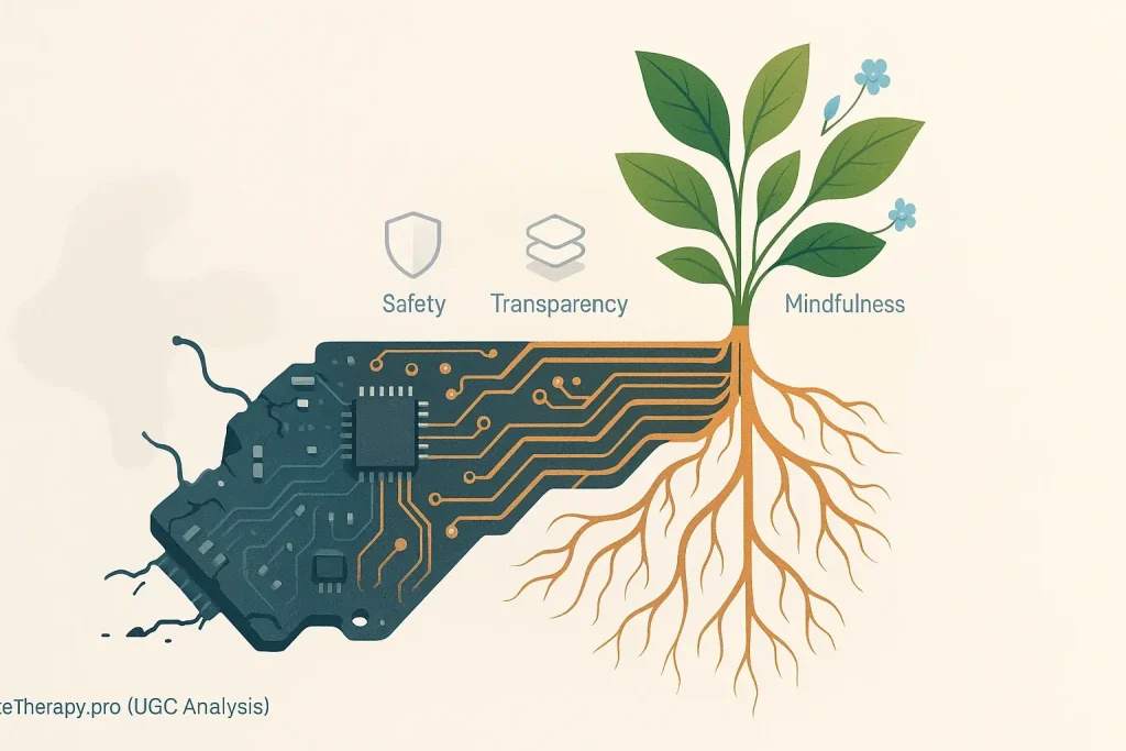 Circuit board with roots & leaves and ethical icons (safety, transparency, mindfulness) symbolizing e-waste's positive