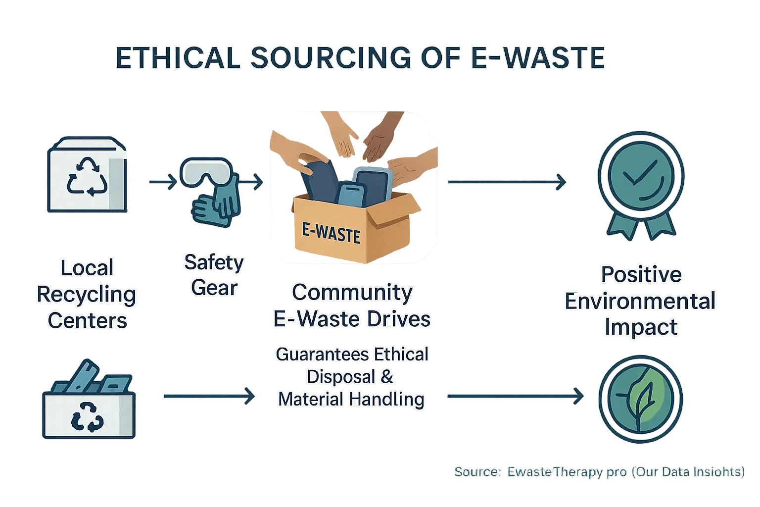 Ethical e-waste sourcing flowchart: local recycling, community drives, certified recyclers. Includes safety &amp; positive