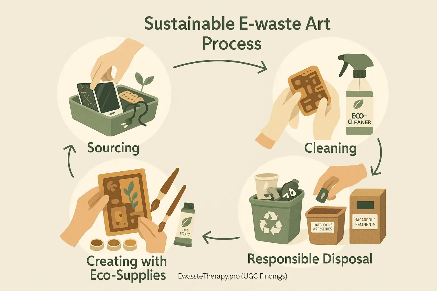 Infographic cycle diagram of sustainable e-waste art: Sourcing, Cleaning, Creating (eco-supplies), &amp; eco-friendly Disposal.