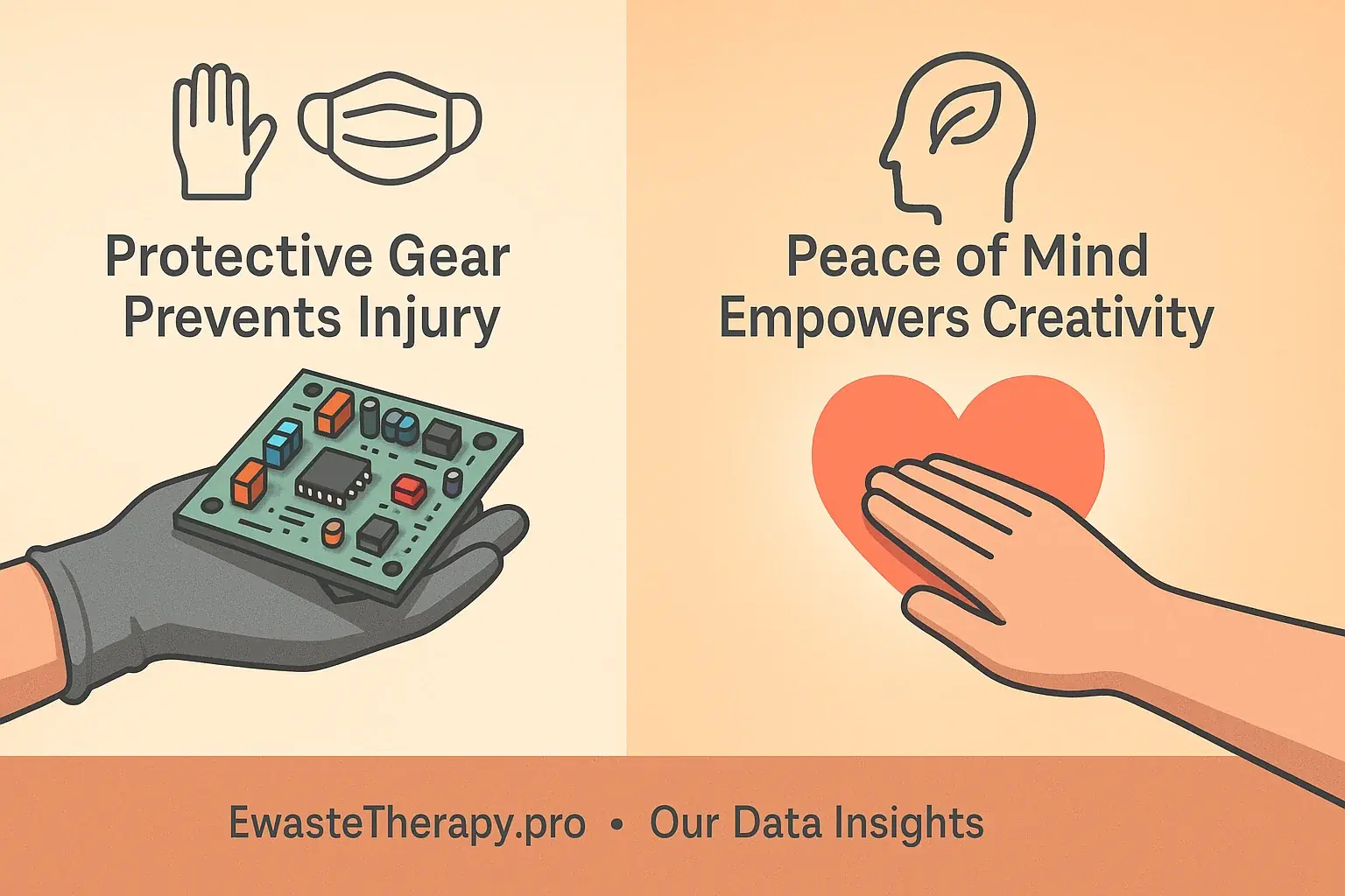Infographic: Gloved hand with e-waste, hand on heart, &amp; icons (gloves, mask, calm mind) symbolizing physical &amp; emotional