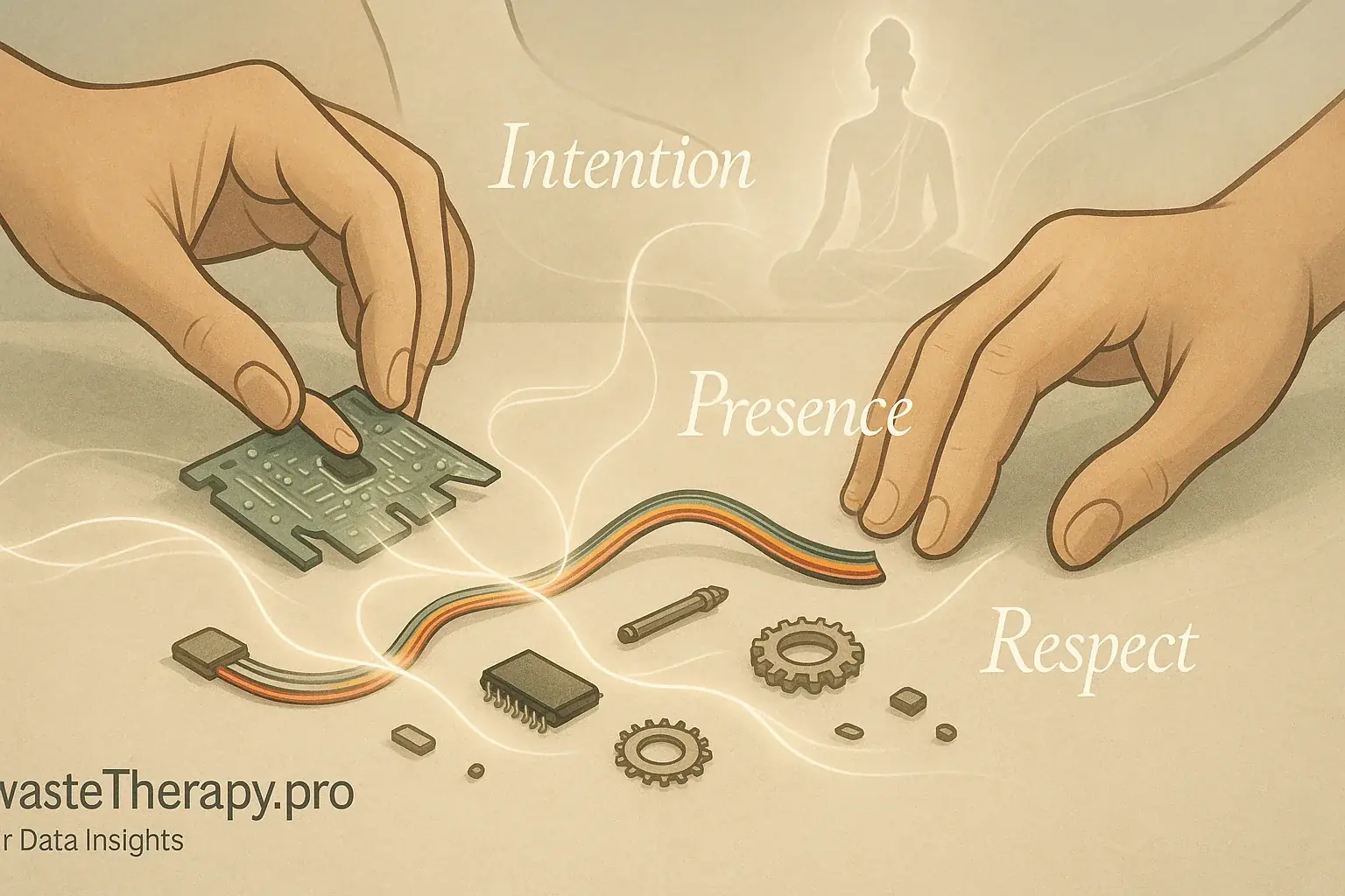 Infographic: Hands arrange e-waste, linked to meditating figure. Shows mindful creation via text: Intention, Presence,