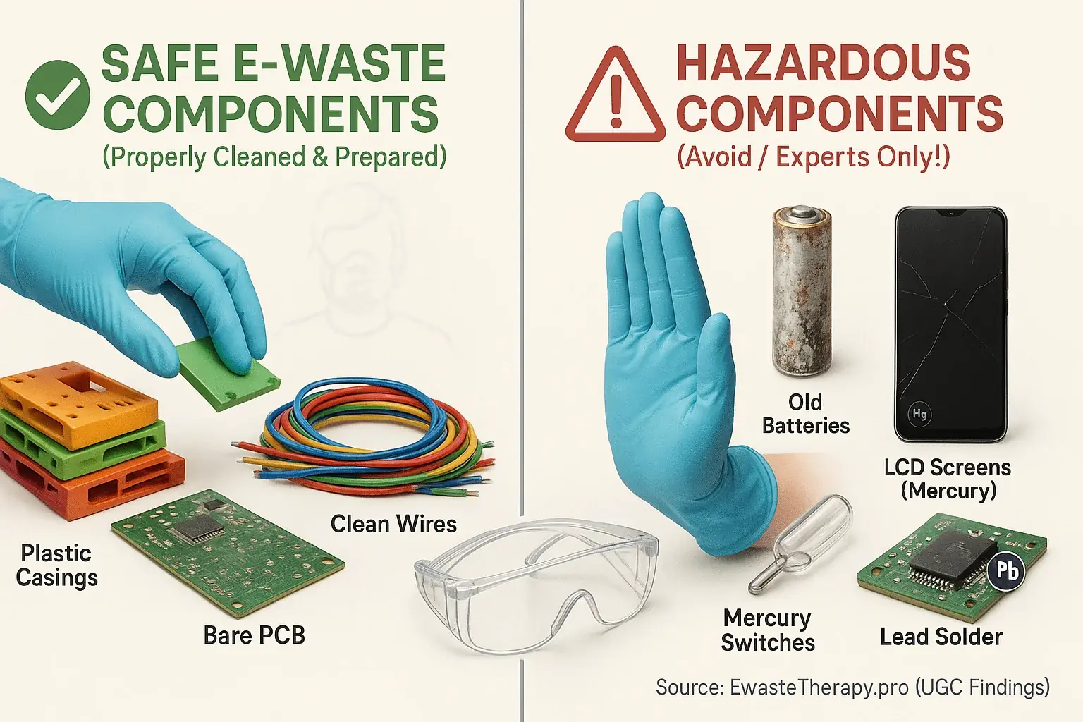 E-waste safety: Infographic contrasts safe (plastics, wires) vs. hazardous (batteries, mercury). Protective gear for