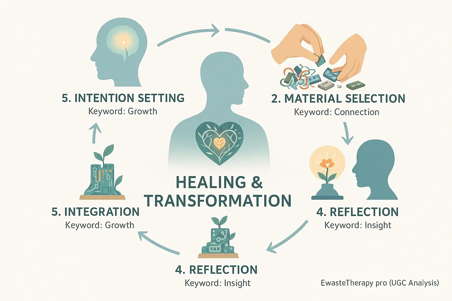 Circular flow: 5 e-waste art therapy stages (Intention to Integration) creating a framework for healing.
