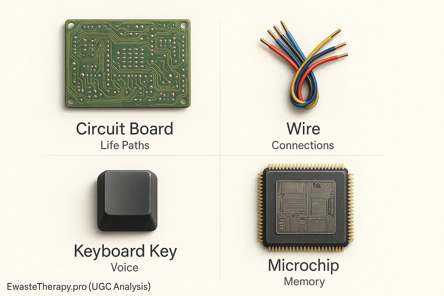 Grid of e-waste parts (circuit board, wire, key, chip) with symbolic meanings like 'Life Paths,' decoding the digital soul.