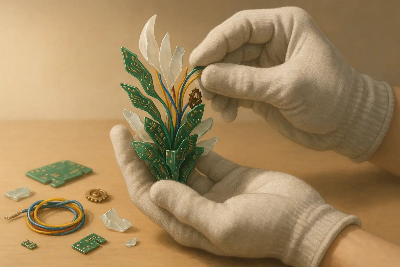 Gloved hands craft beautiful abstract art from e-waste, starting a calm, focused therapeutic journey of transformation.