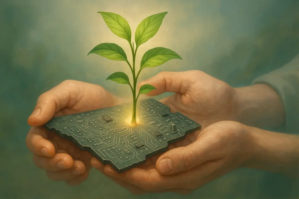 Green plant sprouts from circuit board in hand, embodying EwasteTherapy.pro's purpose of transformation and healing.