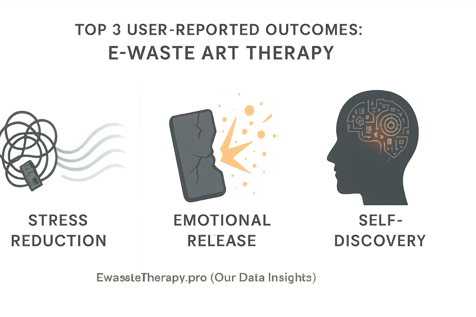 Top 3 user-reported e-waste art benefits: Stress Reduction, Emotional Release, Self-Discovery, shown with icons.