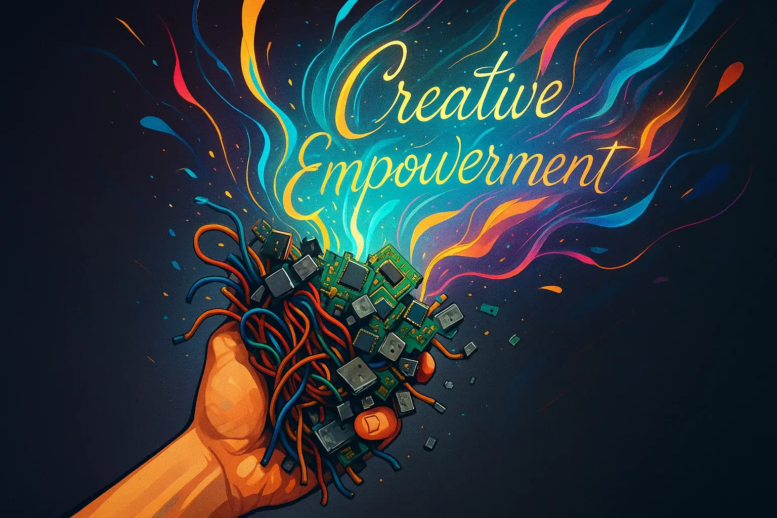 Hand holding e-waste, unleashing vibrant abstract lines of creative energy for e-waste art.