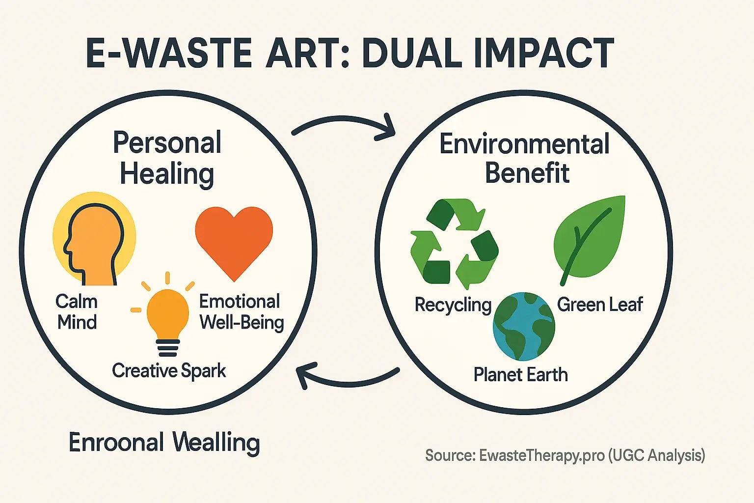 Infographic: E-waste art&#x27;s dual impact: synergy of personal healing (mind, heart, spark) &amp; eco-benefits (recycling, leaf)
