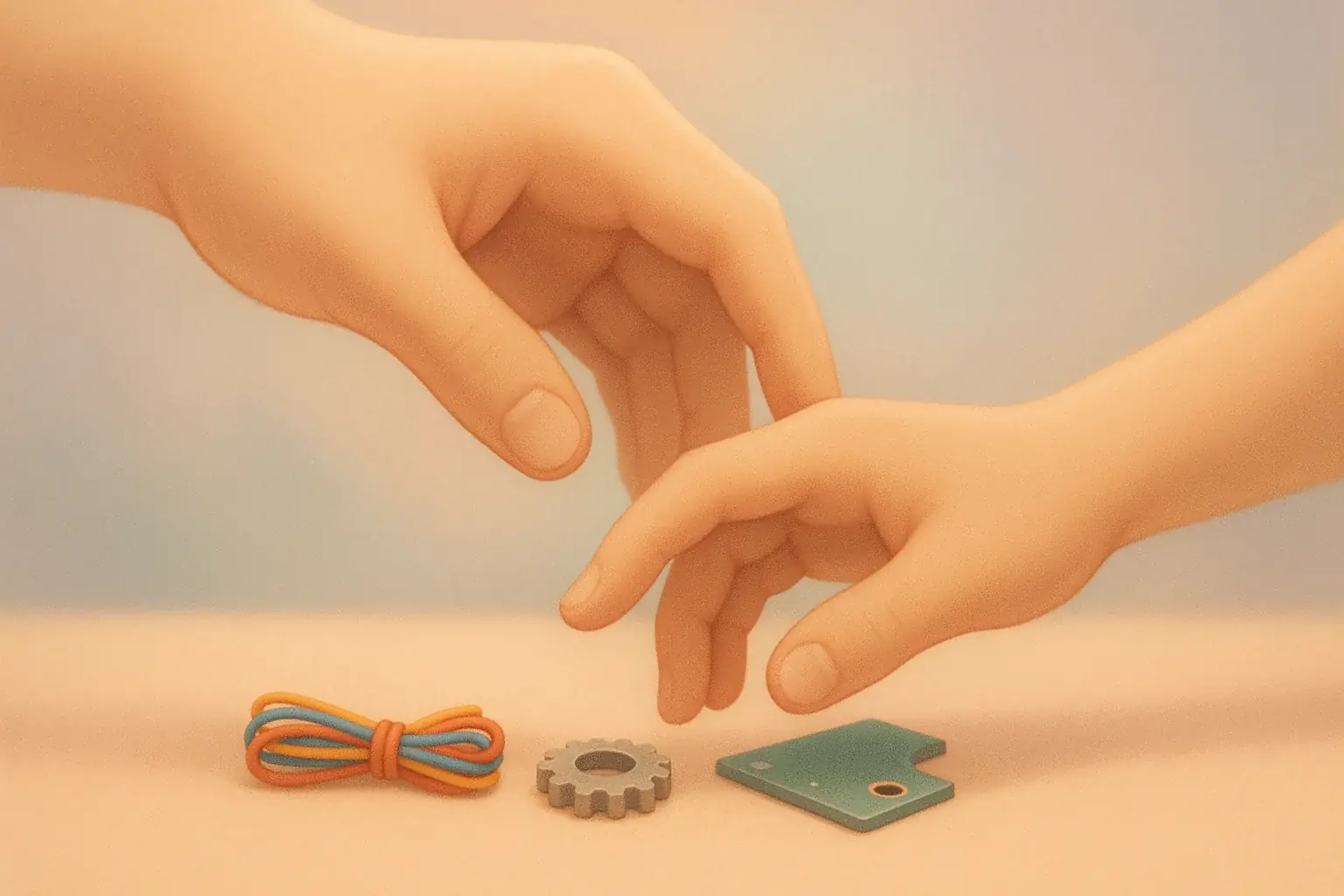 Stylized hand gently guides another with e-waste, symbolizing our well-being pledge and support.