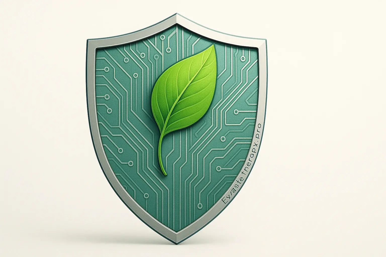 Stylized circuit board shield, green leaf, &#x27;EwasteTherapy.pro&#x27; subtly integrated; symbolizing safety pledge &amp; eco-care.