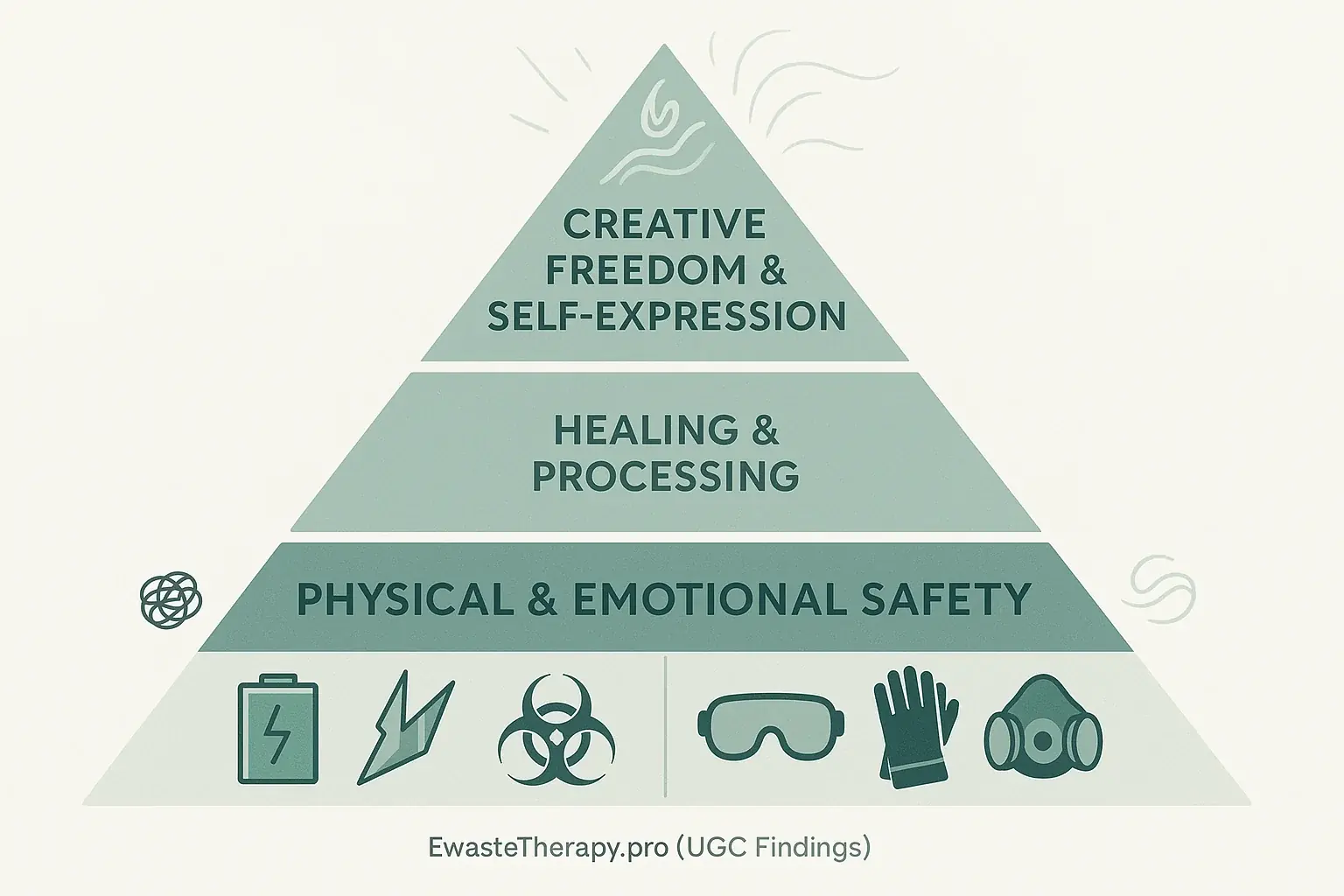 Infographic: Safety (physical/emotional) as foundation, leading to healing &amp; creativity in e-waste art, with hazard/calm