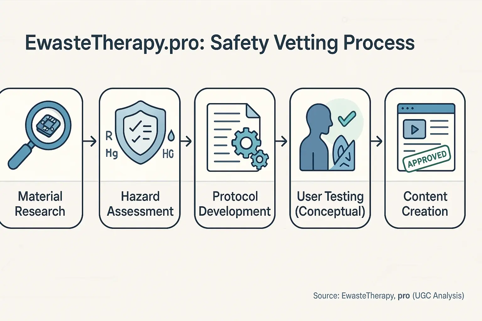 Flowchart of EwasteTherapy.pro&#x27;s 5-step safety protocol: Material Research, Hazard Assessment, Protocol Dev, User Test,