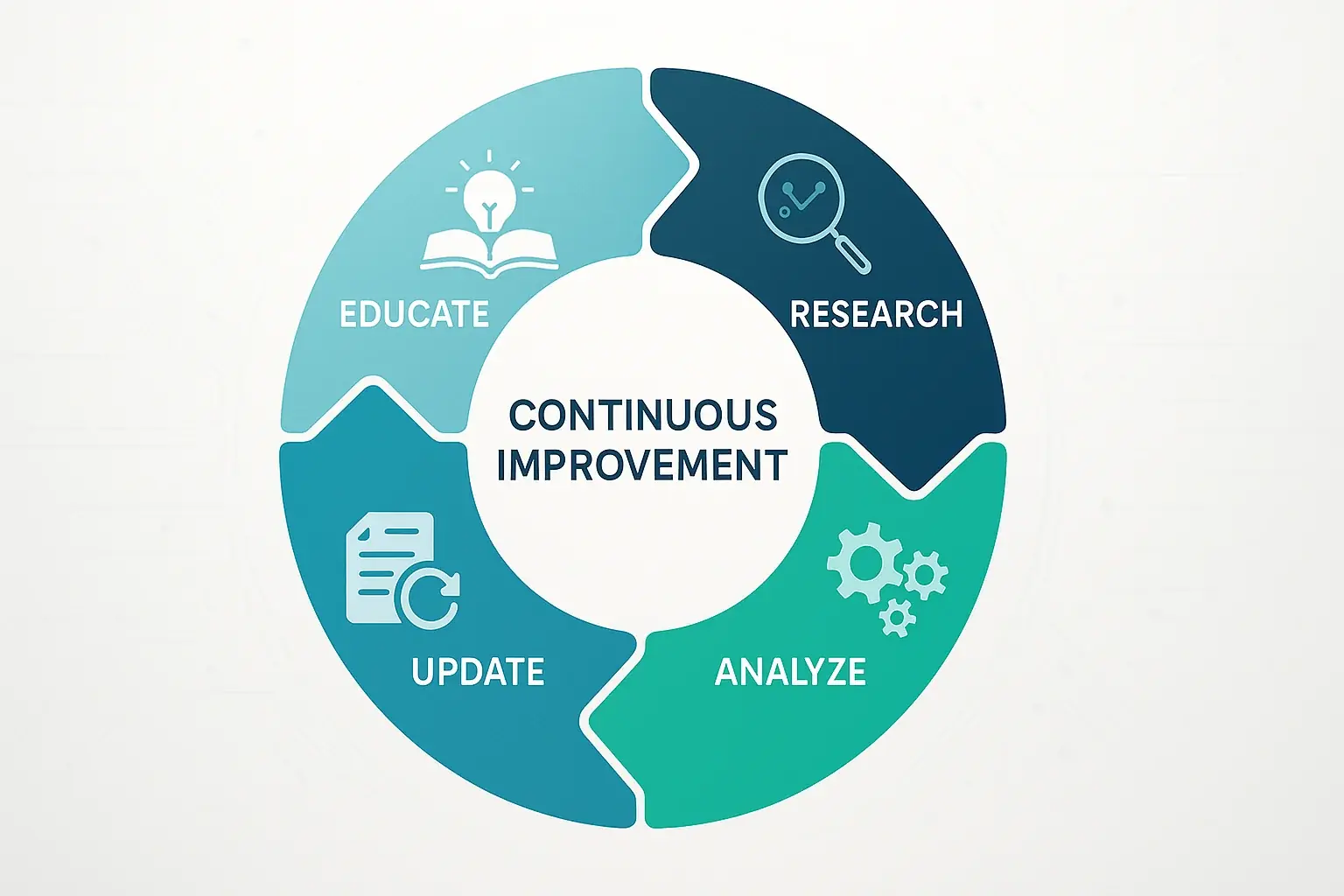 Loop diagram: Research, Analyze, Update, Educate with icons, showing our commitment to continuously evolving safety guidance.