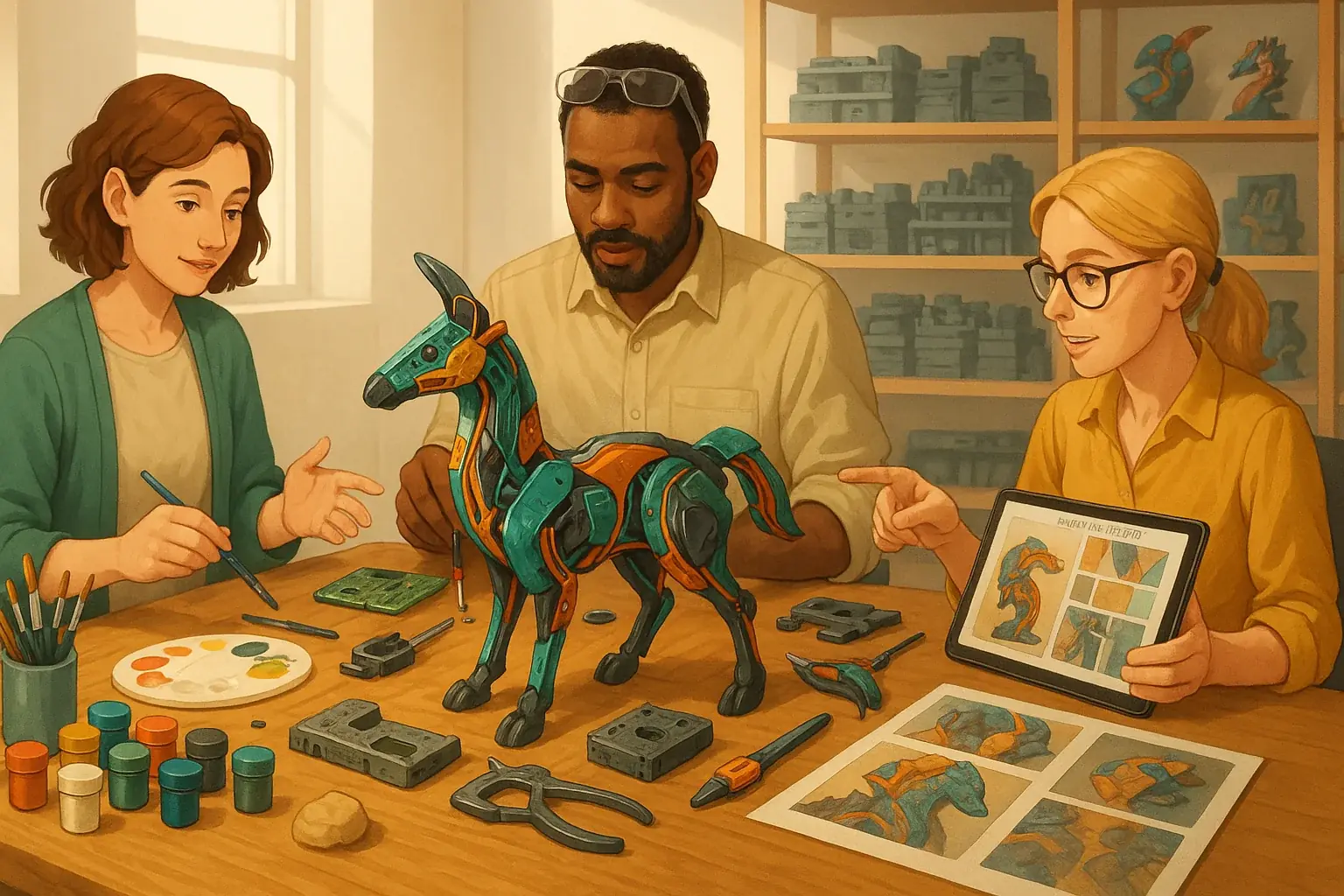 EwasteTherapy.pro visionaries—art therapy, e-waste safety, design experts—collaborate around table with e-waste &amp; art