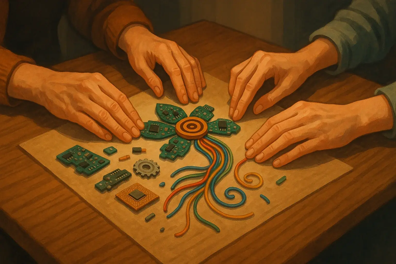 Art therapist&#x27;s hands guide client&#x27;s hands creating symbolic art from e-waste, fostering calm and healing.