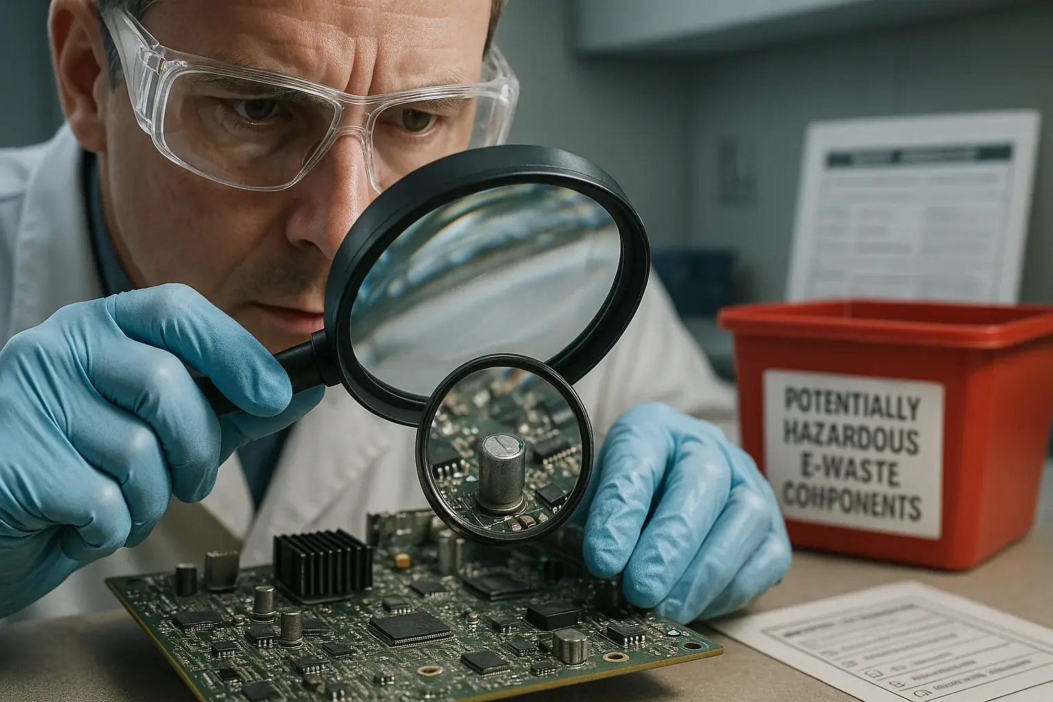 E-waste safety: Expert in PPE meticulously inspects circuit board for hazards with a magnifier in a lab.
