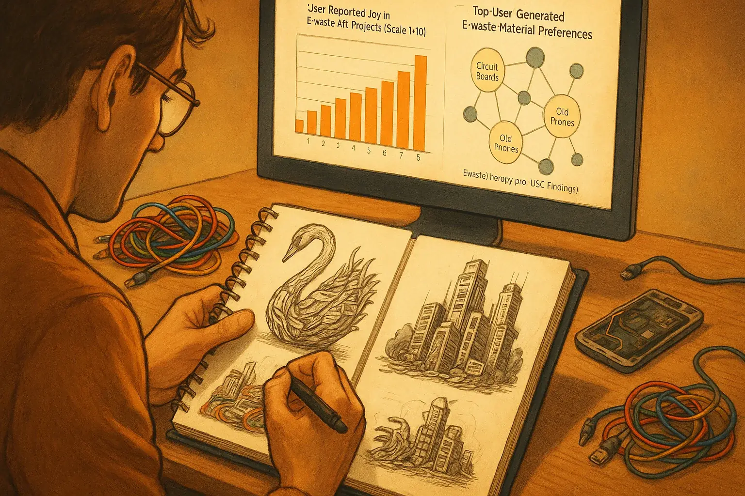 Director sketching e-waste art; data charts blend artistic vision with research-driven insights.