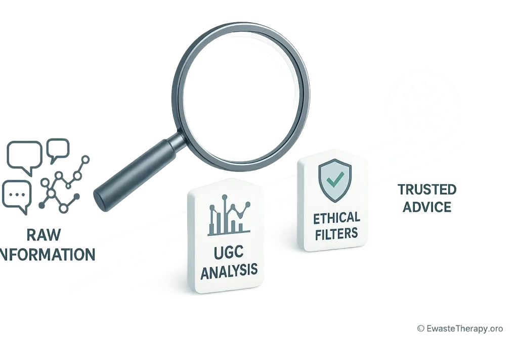 Infographic: Transparent online guidance process: path from raw info to trusted advice, highlighting UGC analysis & ethical