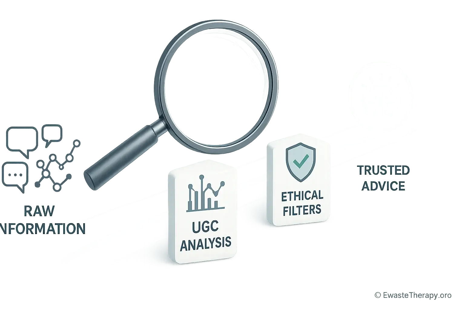 Infographic: Transparent online guidance process: path from raw info to trusted advice, highlighting UGC analysis &amp; ethical