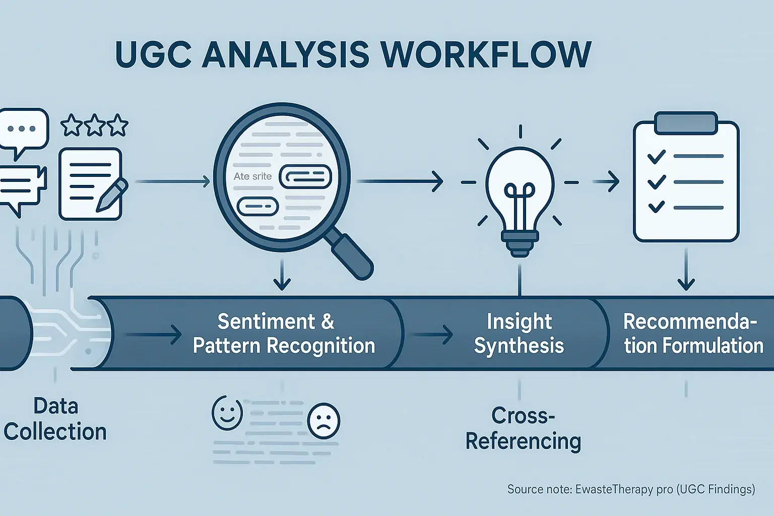 UGC Analysis Workflow: Data collection, sentiment, cross-referencing, insights, recommendations. Source: EwasteTherapy.pro.