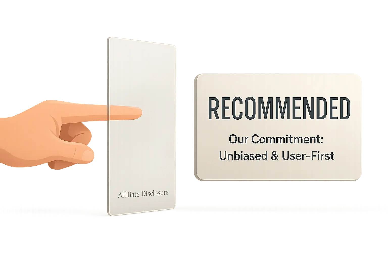 Hand points to &#x27;Recommended&#x27; sign; transparent &#x27;Affiliate Disclosure&#x27; filter between them shows our unbiased, honest policy.