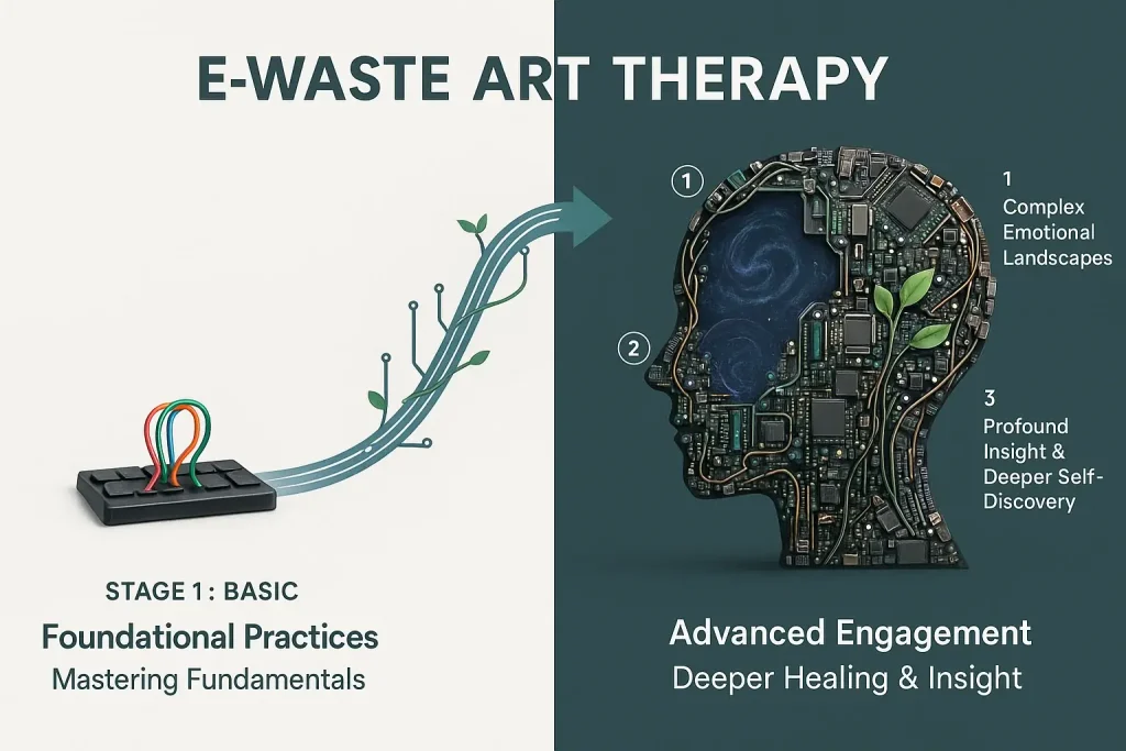 Infographic: Visual progression of e-waste art therapy from basic to advanced, showing deeper engagement and participant