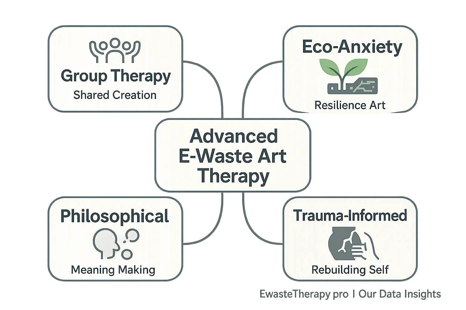 Interconnected advanced e-waste art therapy themes (Group Therapy, Eco-Anxiety, Trauma-Informed, Philosophical) as a