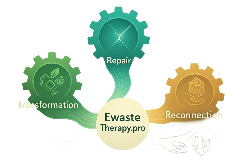 Interconnected gears: Transformation, Repair, Reconnection, with EwasteTherapy.pro at the center, symbolizing synergy &
