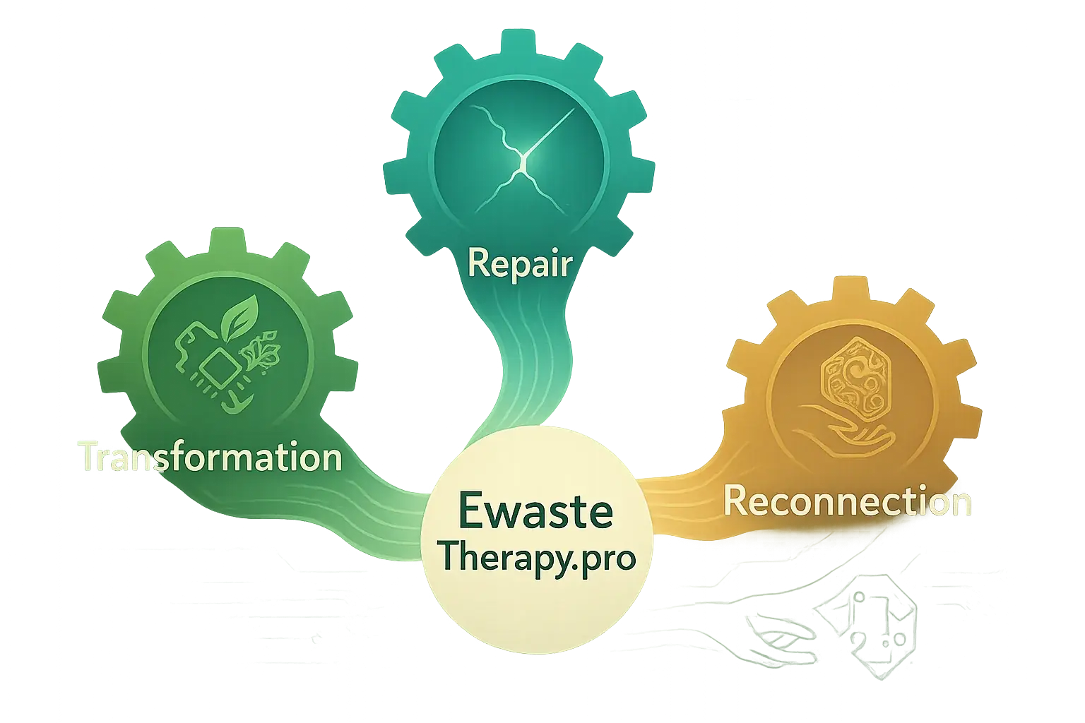 Interconnected gears: Transformation, Repair, Reconnection, with EwasteTherapy.pro at the center, symbolizing synergy &