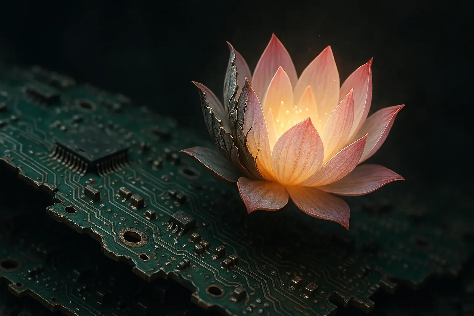 Broken circuit board alchemically transforming into a flower or bird, new life from discarded tech.