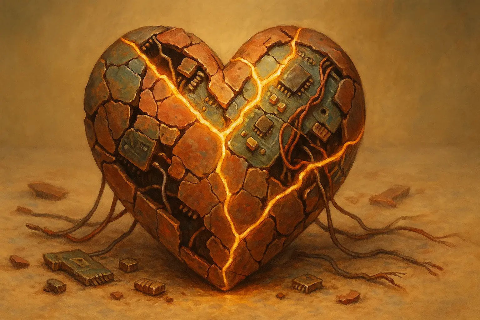 Fragmented electronics mended with golden Kintsugi, revealing beauty in repaired history and achieved wholeness.
