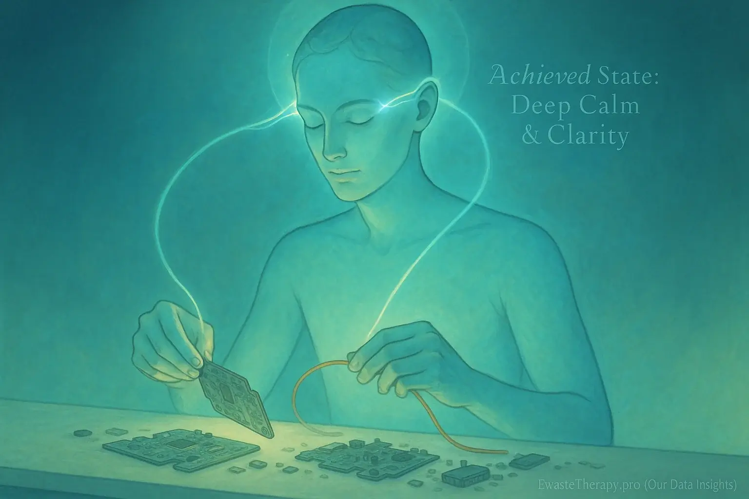 Stylized human figure with glowing lines connecting brain to hands, crafting e-waste within a peaceful, focused aura.
