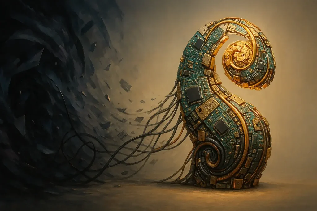 Swirling colors and fragmented shapes channeled into structured, beautiful e-waste art, offering clarity from overwhelm.