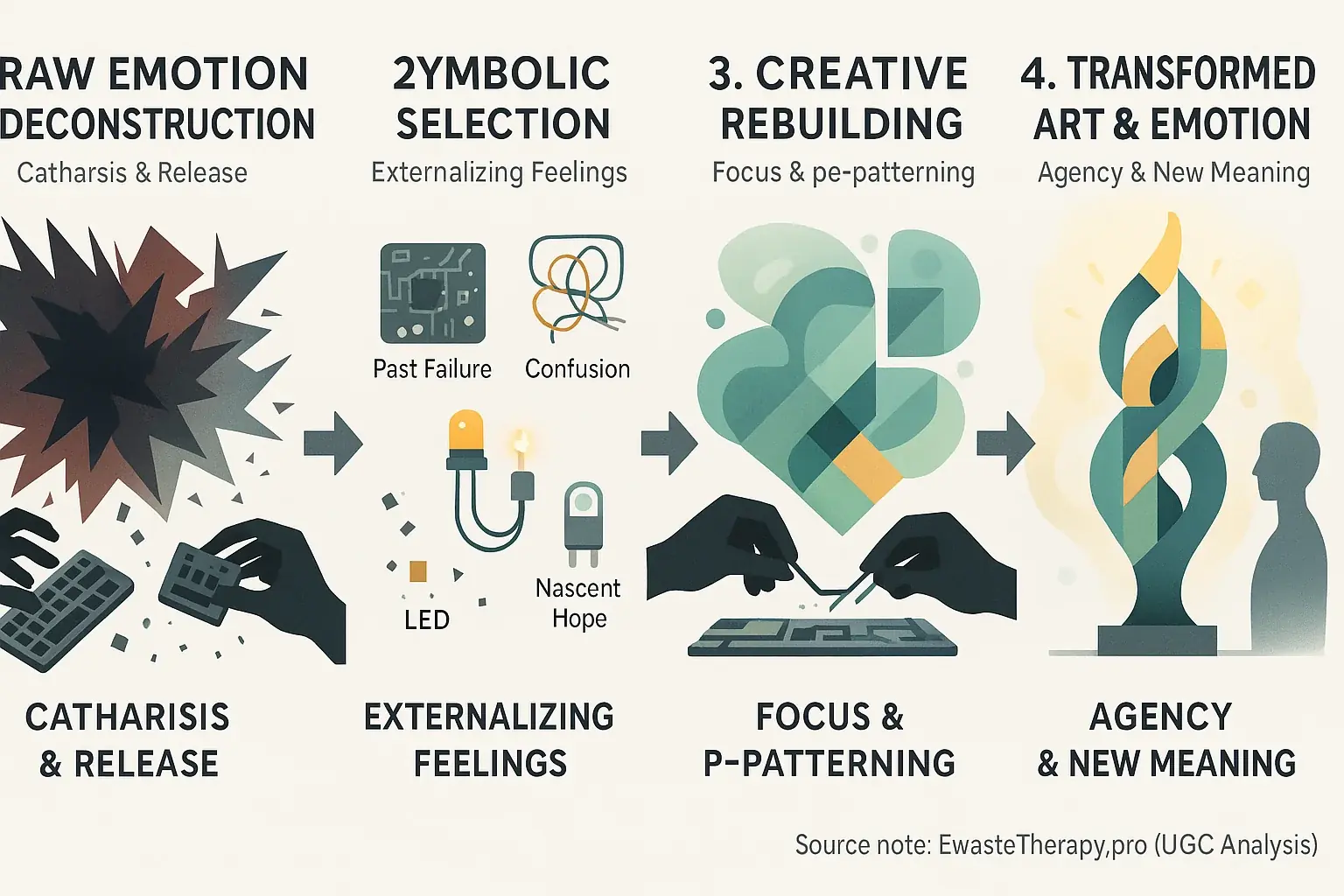 Infographic: E-waste art transforms emotions. Abstract visuals depict steps: raw feeling, creation, final art, &amp; emotional