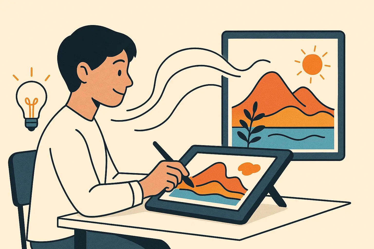 Stylized illustration of a hand selecting an emotion from a digital interface, with e-waste components transforming into a