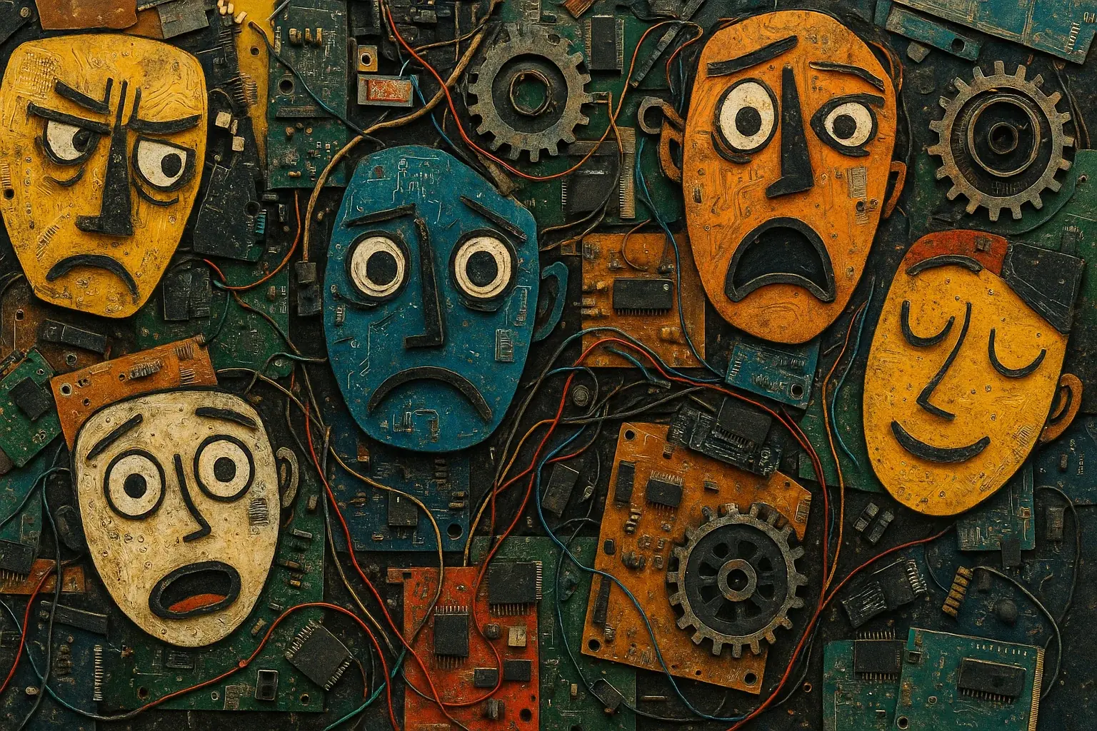 Collage of small, distinct e-waste art pieces, each subtly representing a different emotion (e
