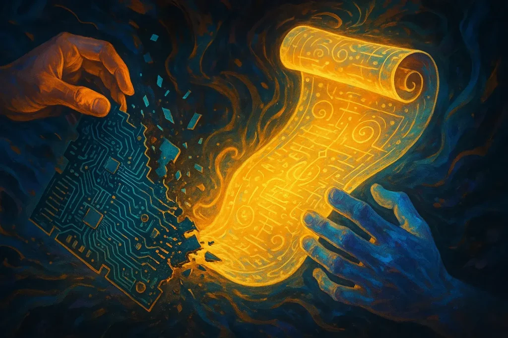 Visual metaphor of a broken circuit board transforming into a vibrant, flowing narrative scroll, symbolizing healing and