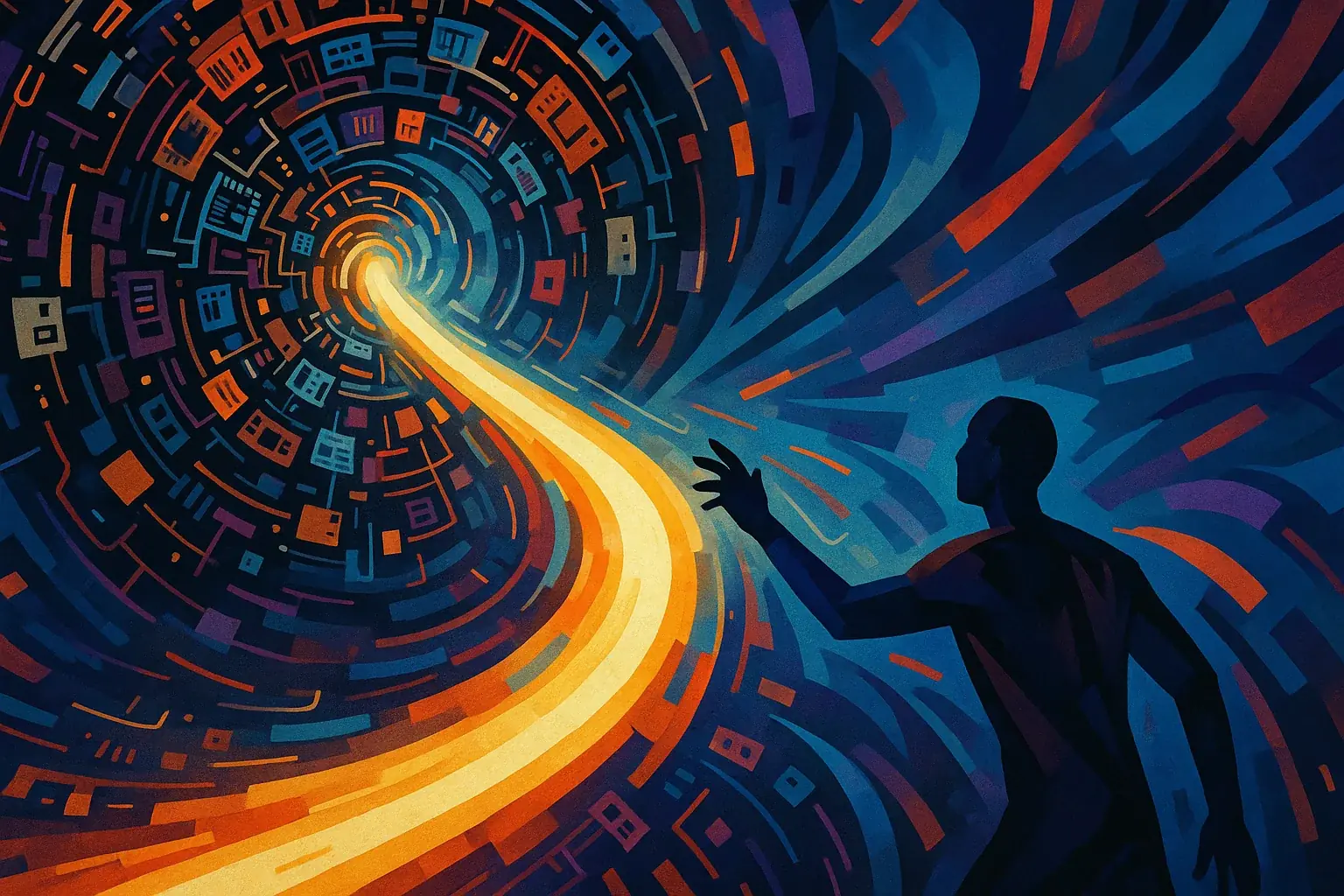 Conceptual illustration of a person interacting with a swirling vortex of e-waste components, from which a clear,