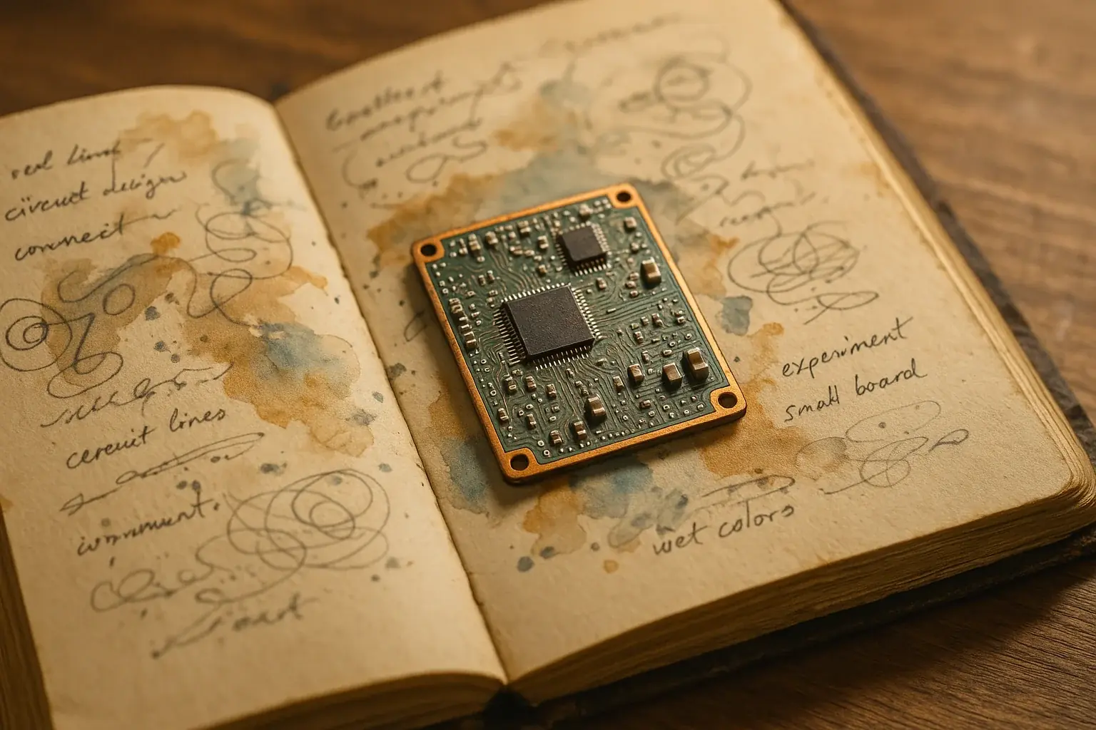 Close-up of an open art journal with a circuit board fragment embedded on one page, surrounded by handwritten notes and