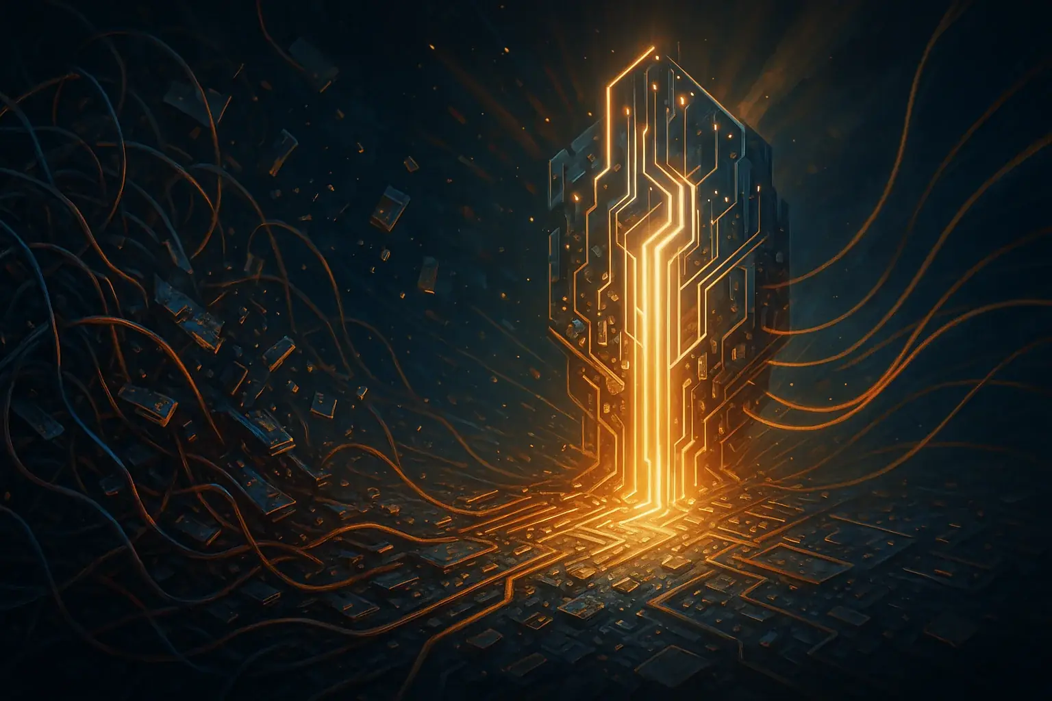 Conceptual illustration of a tangled, broken mass of wires and circuit board fragments gradually untangling and re-forming
