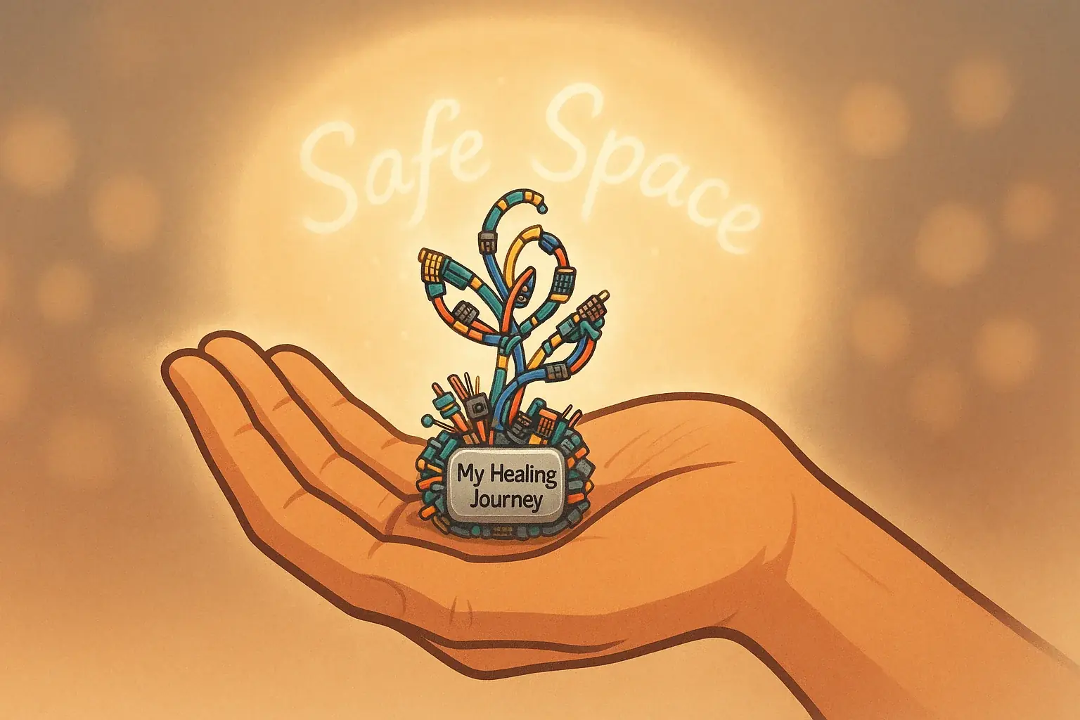 Stylized hand with protective glow holds intricate e-waste art, symbolizing safe, mindful sharing in a supportive community.