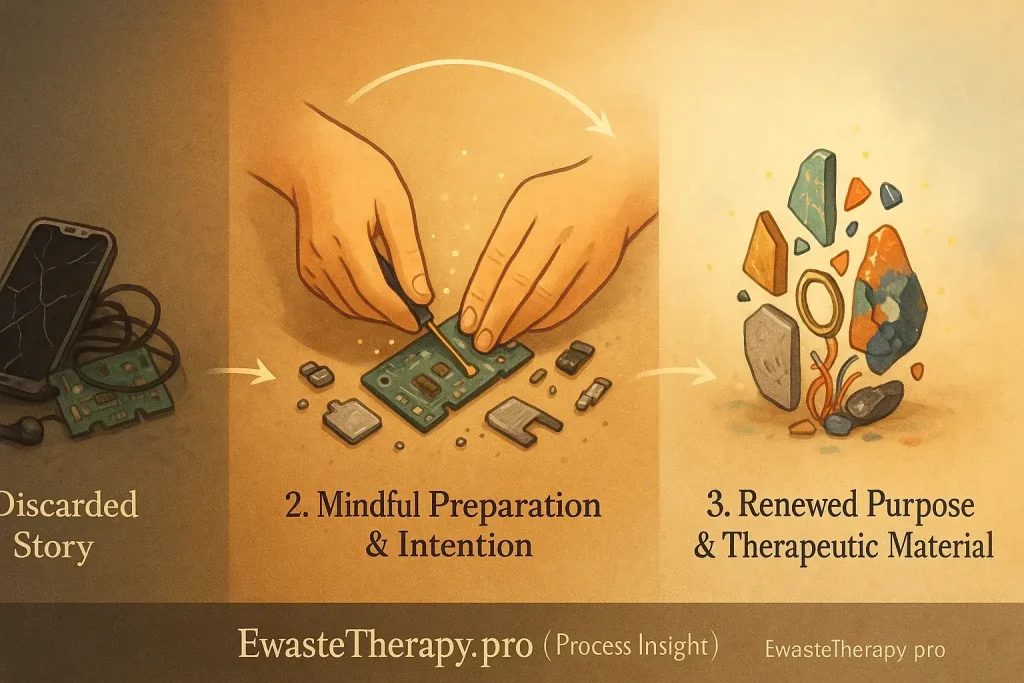 Infographic: E-waste's mindful transformation steps from discarded object to intentional therapeutic art material.