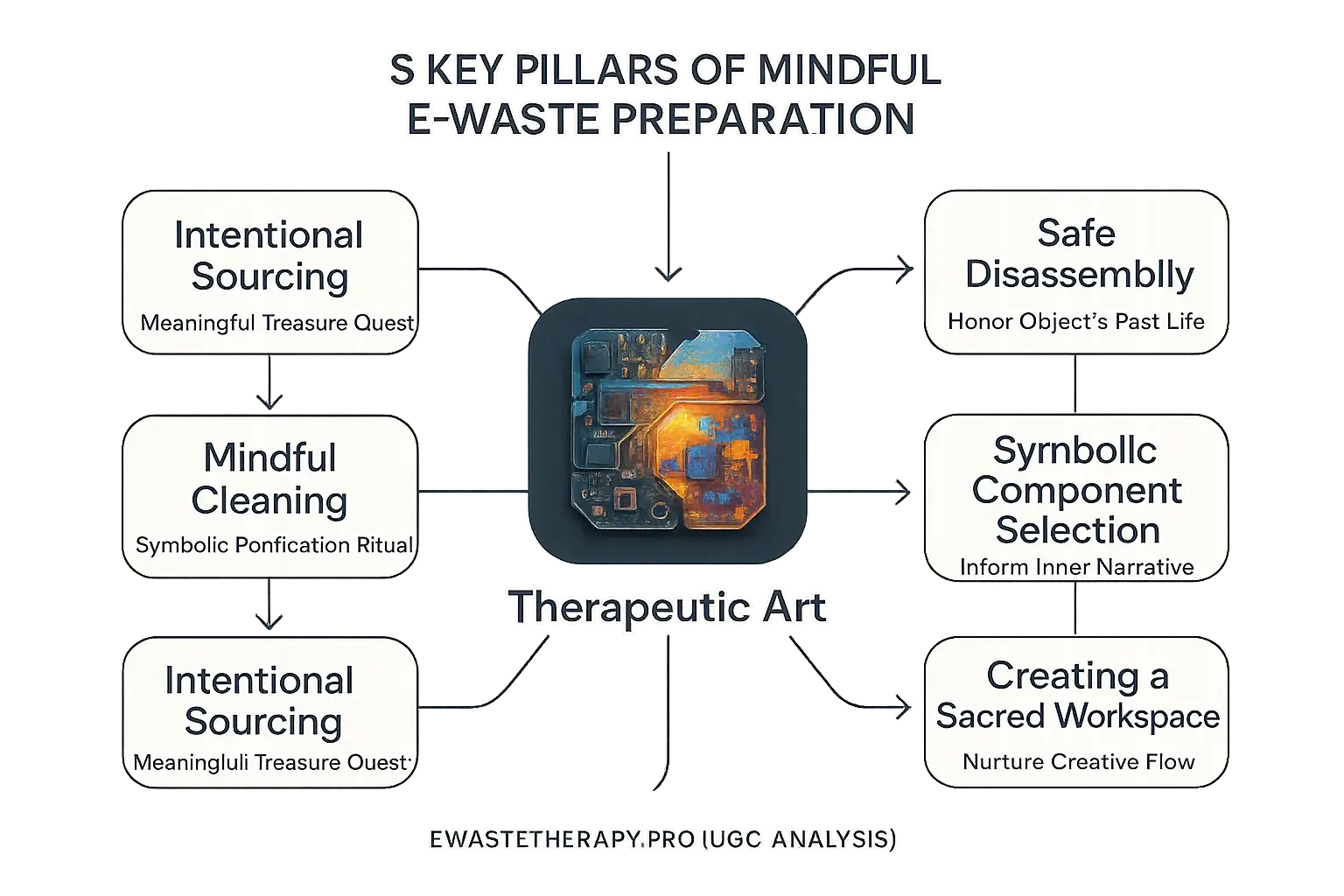 Flowchart: 5 key interconnected pillars of mindful e-waste prep lead to therapeutic art, core to intentional e-waste