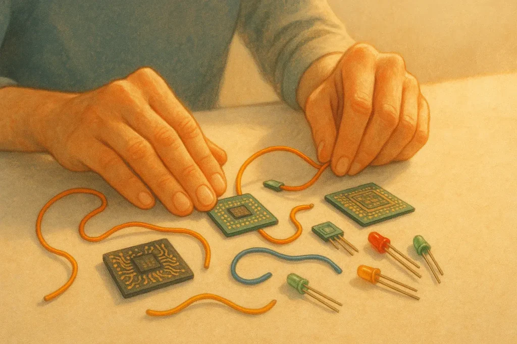 Hands gently arrange colorful e-waste components; a mindful path to presence via art.