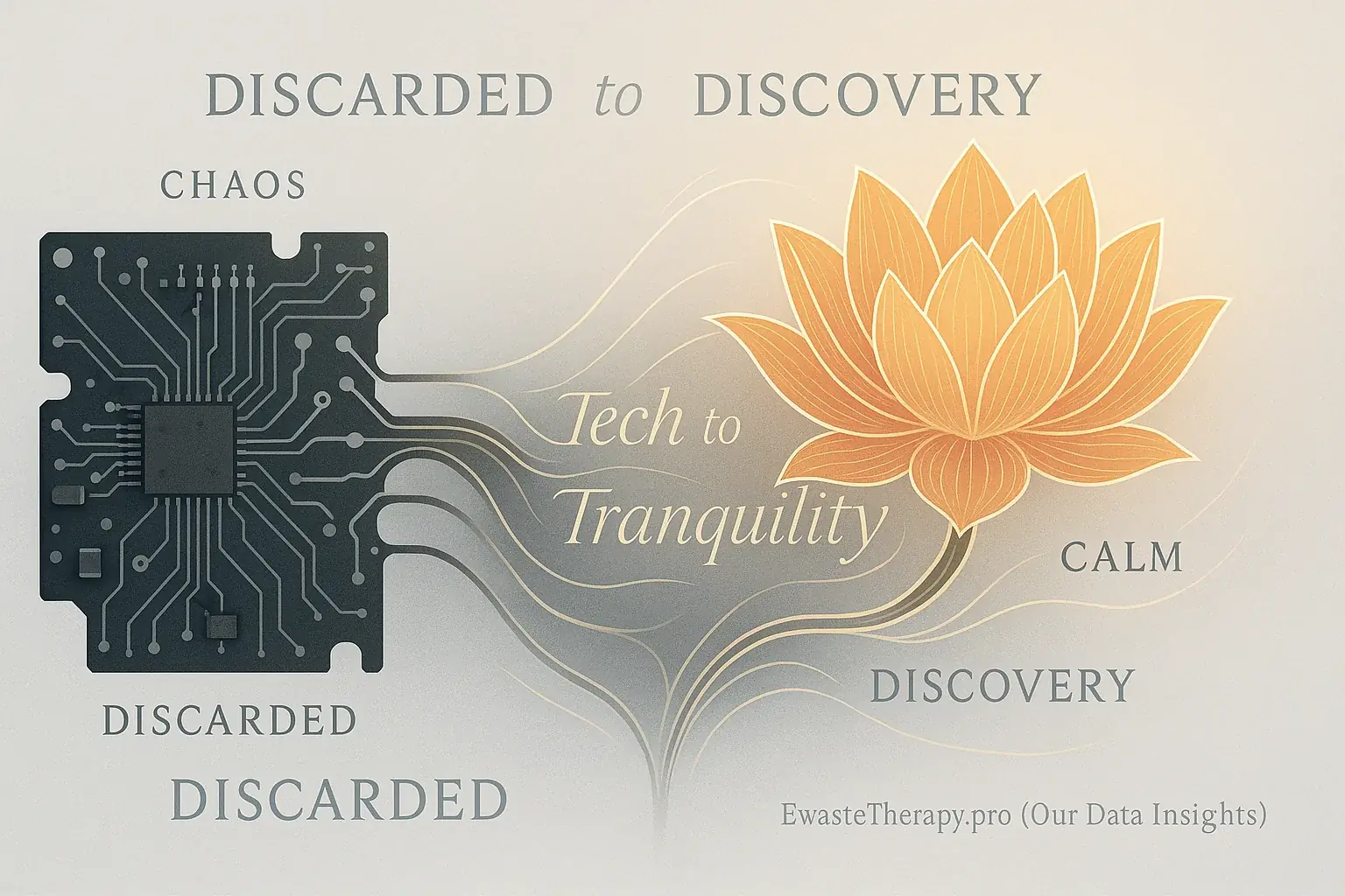 Stylized diagram: broken circuit board becomes lotus, keywords 'Tech to Tranquility', showing e-waste path to mindful